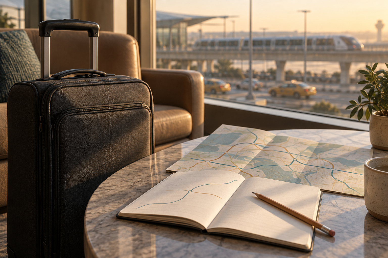 Small suitcase beside an unbranded transit map, blank trip-cost notebook, and pencil in a bright airport lounge