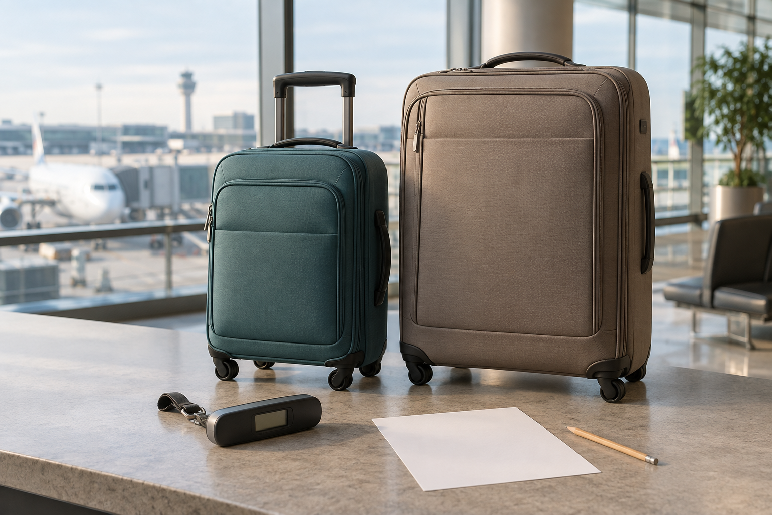 Two differently sized suitcases, an unbranded luggage scale, a blank itinerary, and a pencil on a tabletop