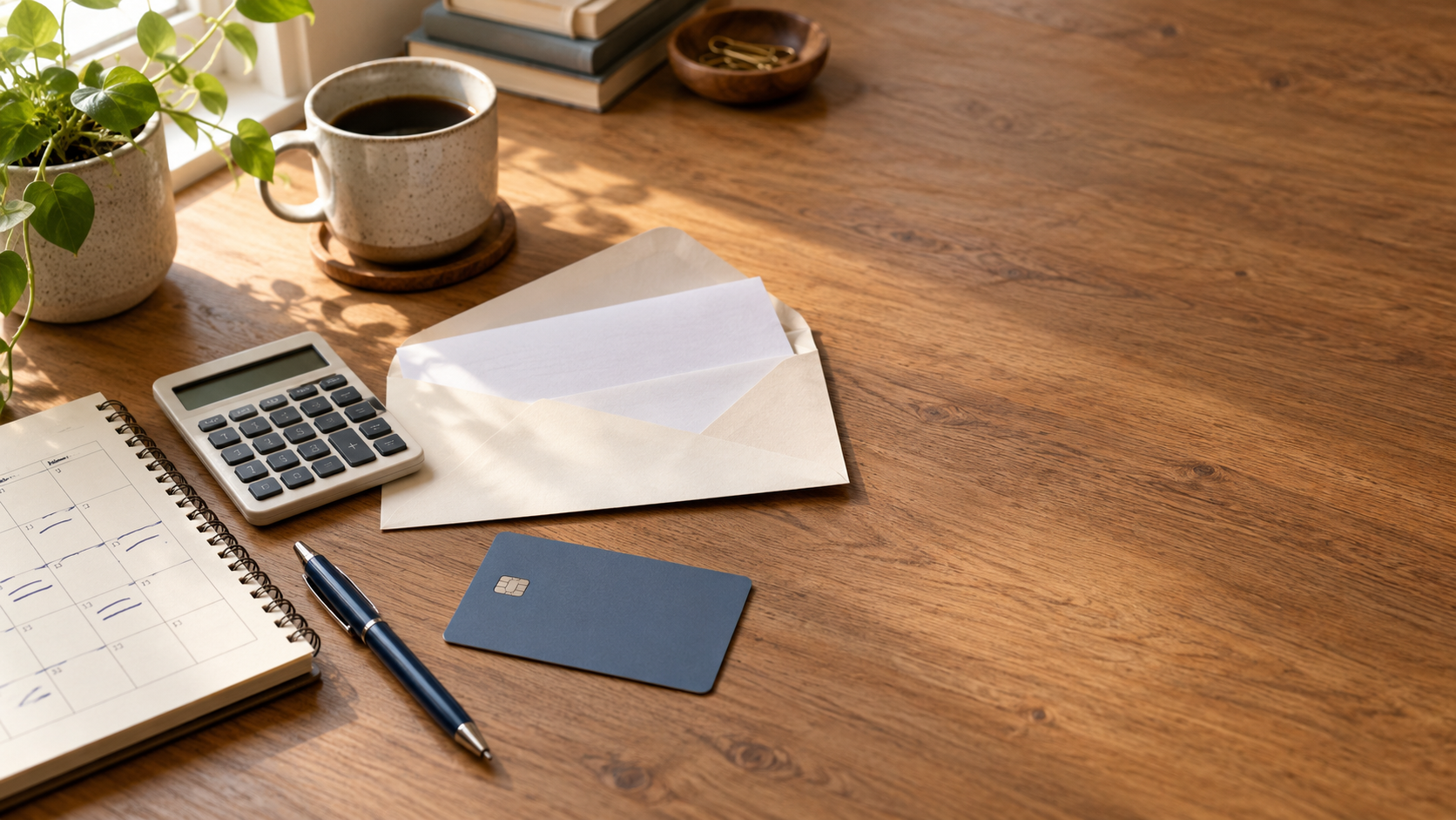 Unbranded bank card, blank envelope, calculator, pen, and handwritten bill calendar on a wooden desk