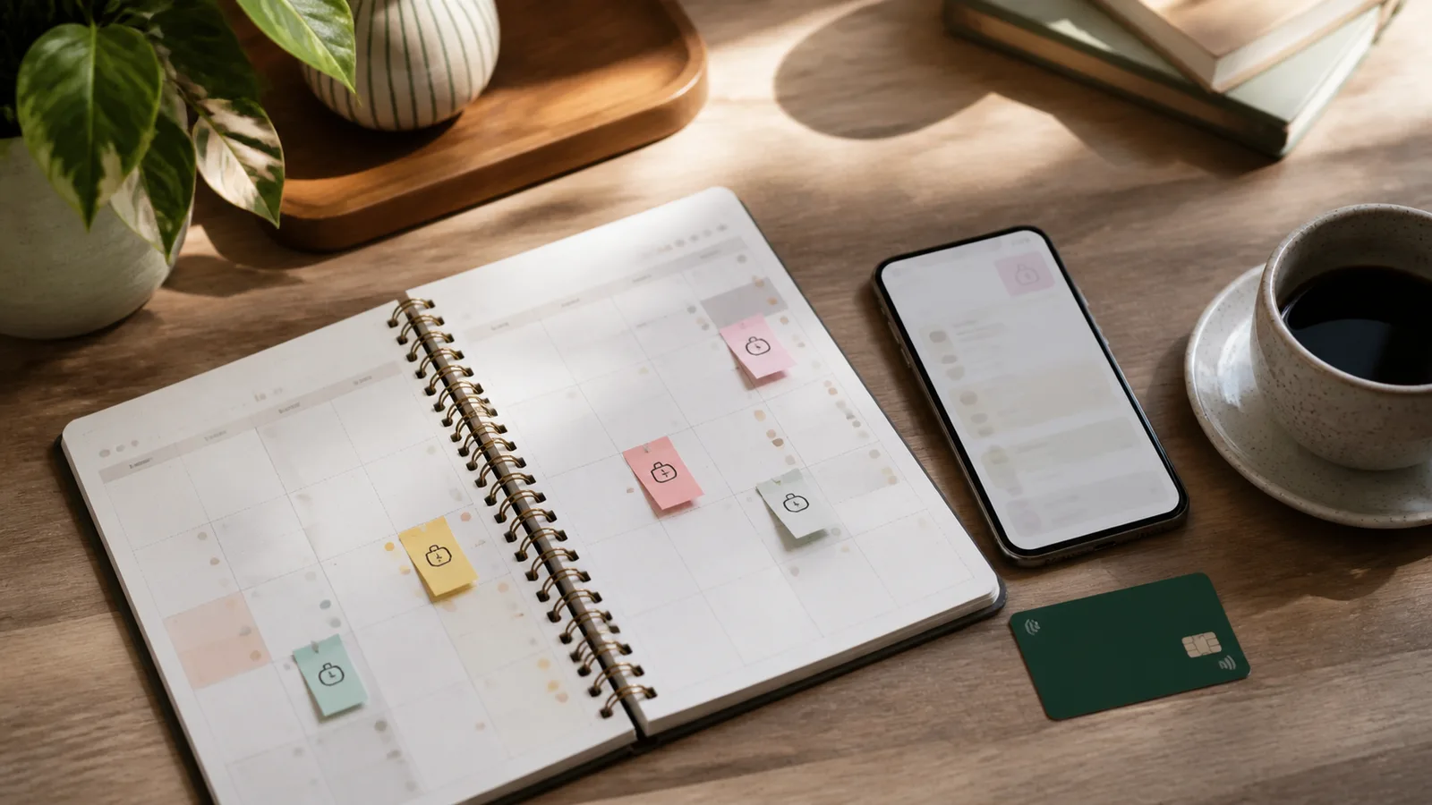 A budget planner with installment reminders beside a smartphone, card, and coffee on a wooden desk