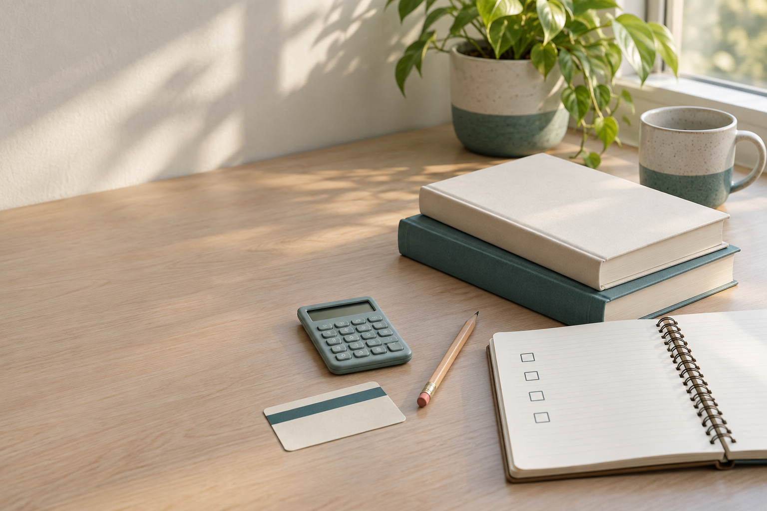 Two unbranded textbooks, a notebook, library card, pencil, and calculator on a sunlit student desk