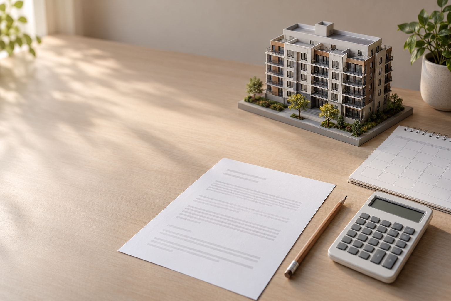 Unbranded building maintenance notice, small apartment building model, calendar, calculator, and pencil on a desk
