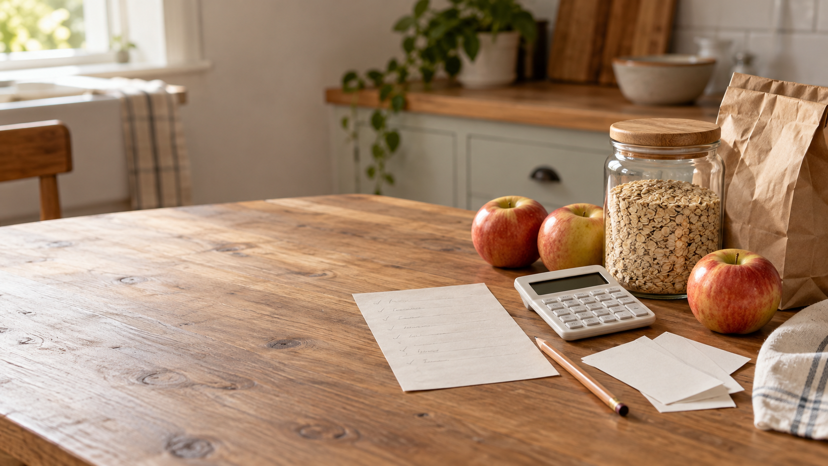 Paper grocery list and unbranded coupon slips beside apples, pantry items, a pencil, and a calculator on a sunlit kitchen table