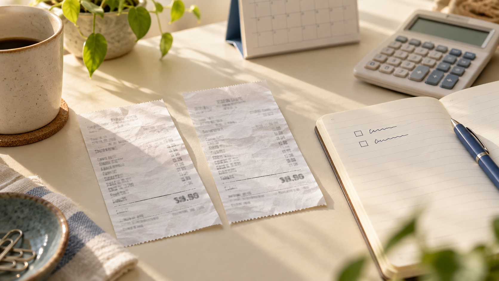 Two unbranded payment receipts beside a notebook reconciliation checklist, calculator, pen, and calendar on a desk