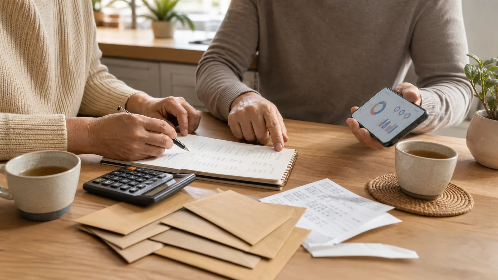 Family members discussing a household budget at a kitchen table with envelopes, a notebook, a phone spending tracker, and tea cups