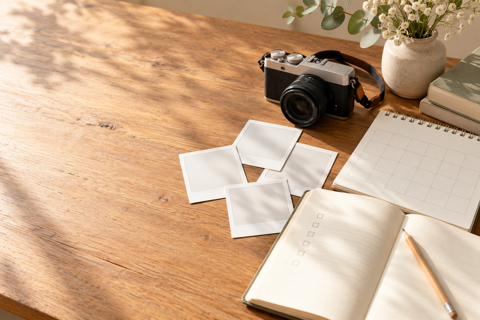 Camera, blank instant-style photo prints, calendar, checklist notebook, and pencil on a sunlit wooden desk