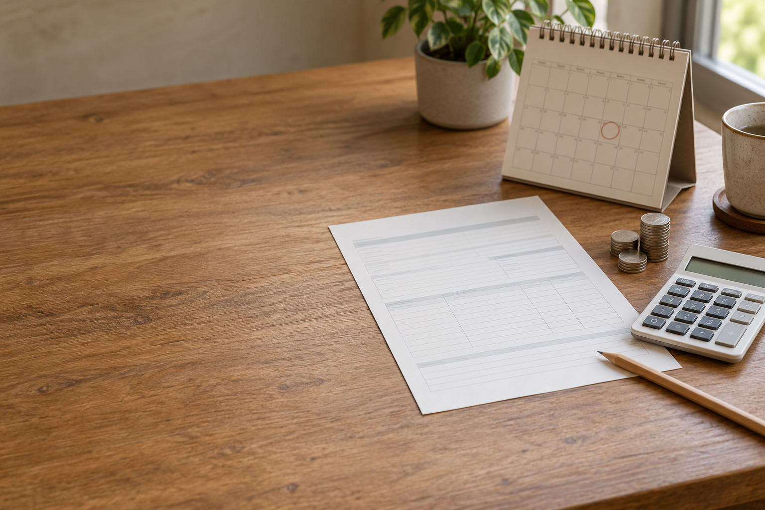 Blank payslip, calendar, calculator, pencil, and coins arranged on a sunlit wooden desk