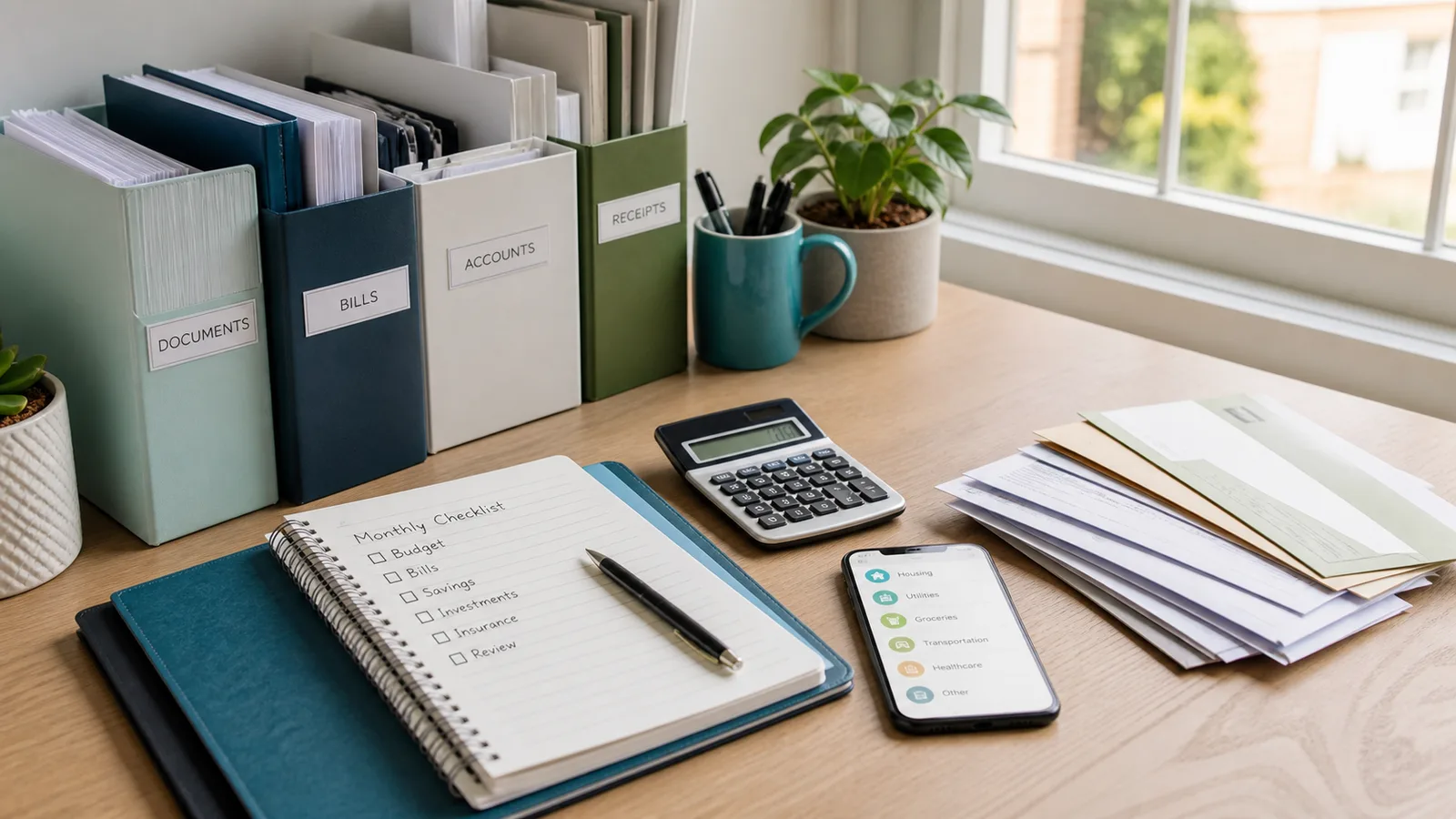 Organized desk with labeled folders for financial documents, bills, accounts, receipts, a checklist notebook, calculator, and phone expense tracker