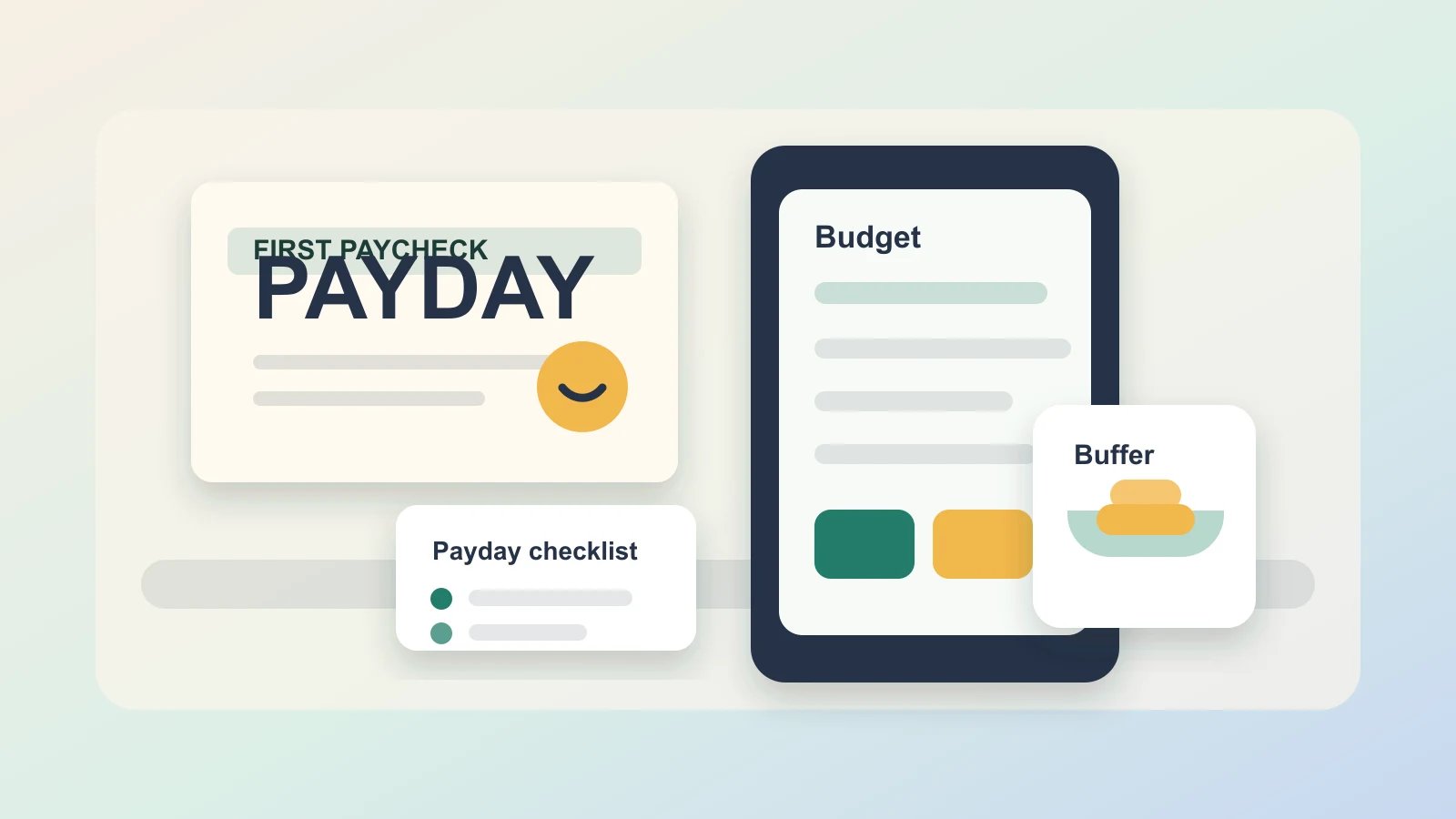 Desk scene with a first paycheck, budget notes, savings jar, and phone expense tracker