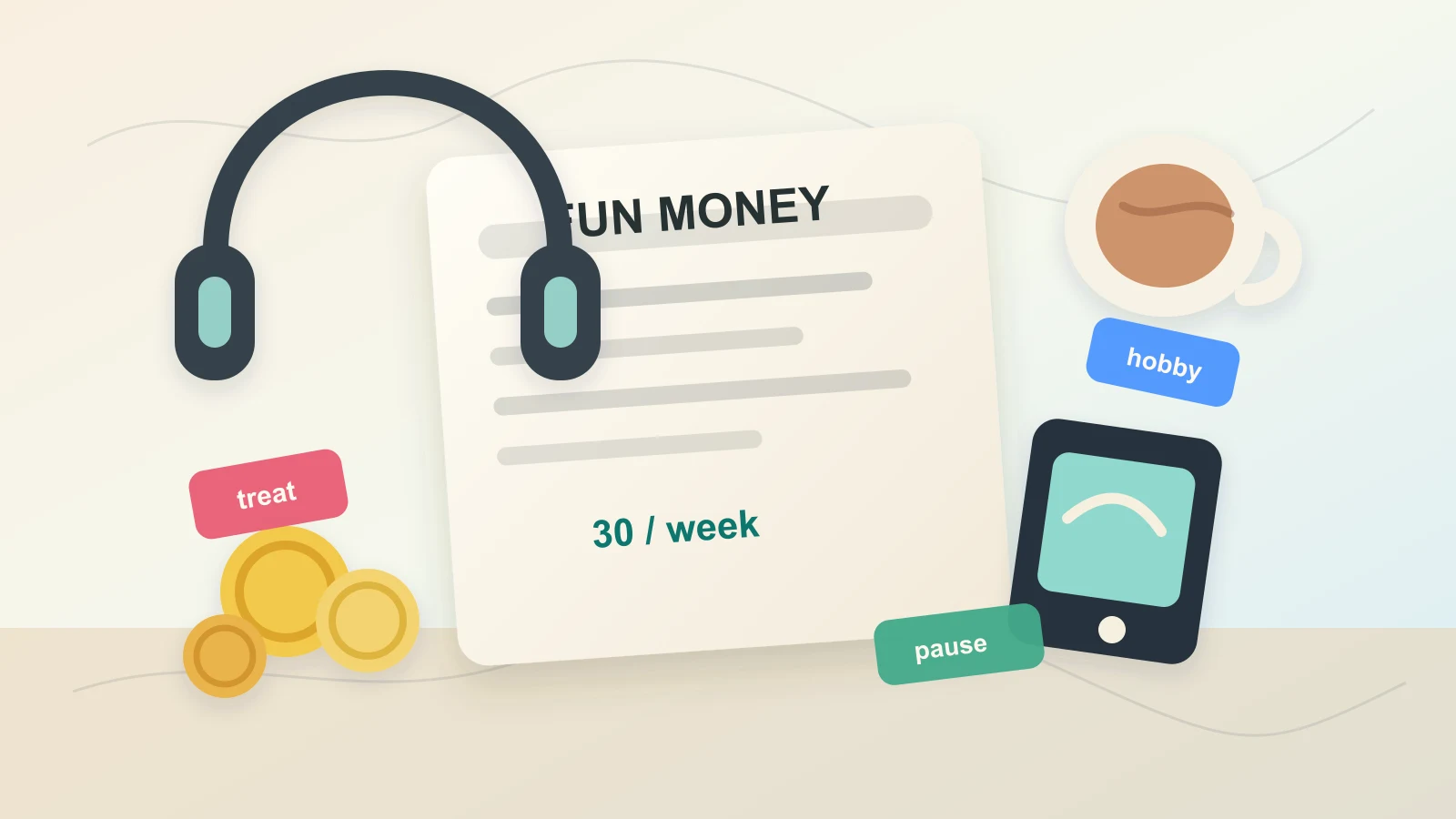 A bright desk with a small fun money budget note, coins, headphones, coffee, and colorful spending tokens