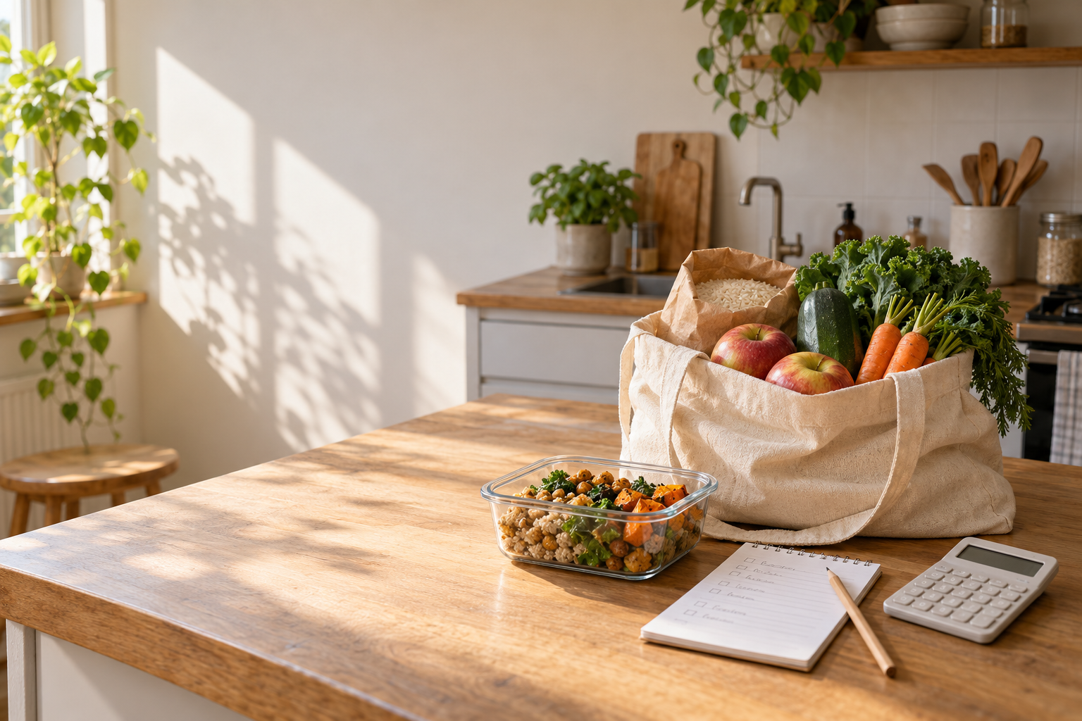A small apartment kitchen counter with one grocery tote, a short shopping list, calculator, and single-serving meal container