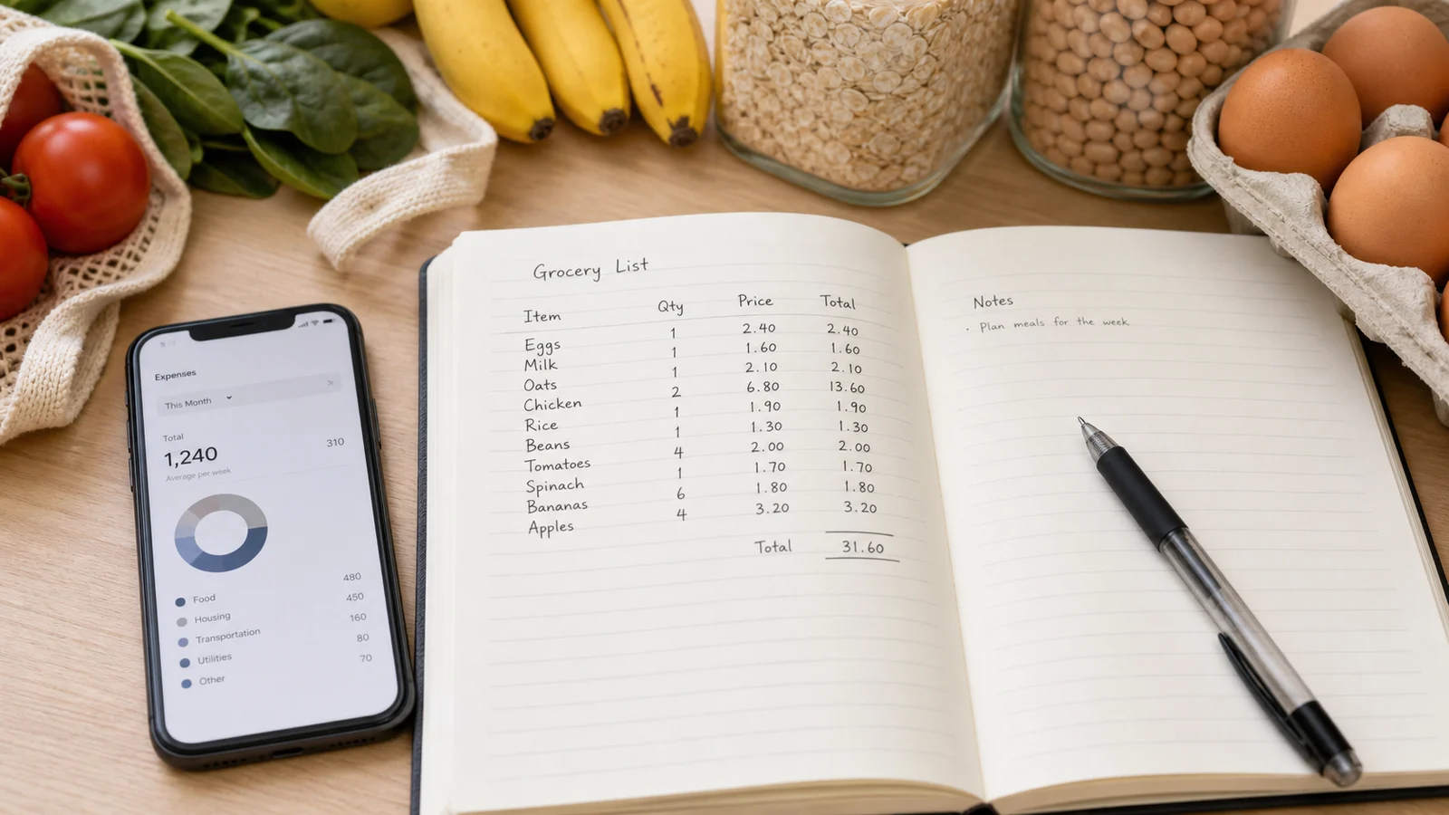 Open grocery price notebook with pantry staples, produce, eggs, a pen, and a phone showing expense categories