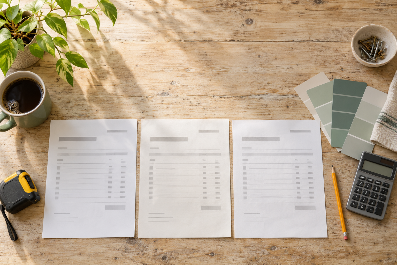 Three home repair estimates beside a calculator, measuring tape, pencil, and paint swatches on a sunlit kitchen table