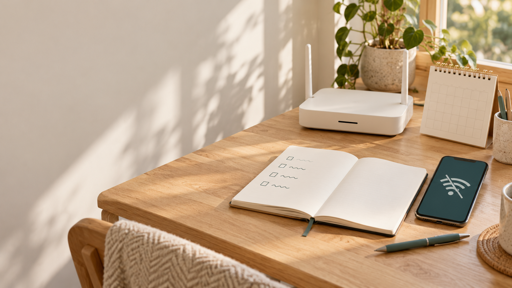 Home desk with a Wi-Fi router, phone showing a disconnected Wi-Fi symbol, checklist notebook, and calendar in soft daylight