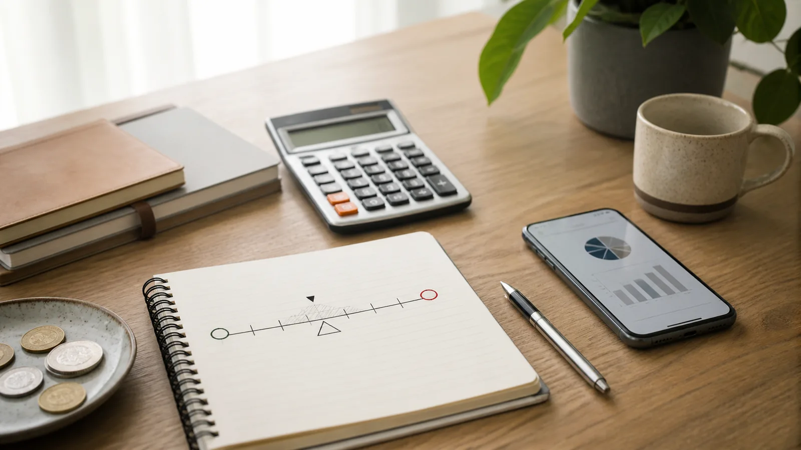 Notebook with a simple risk scale beside coins, calculator, pen, and phone with charts on a bright desk