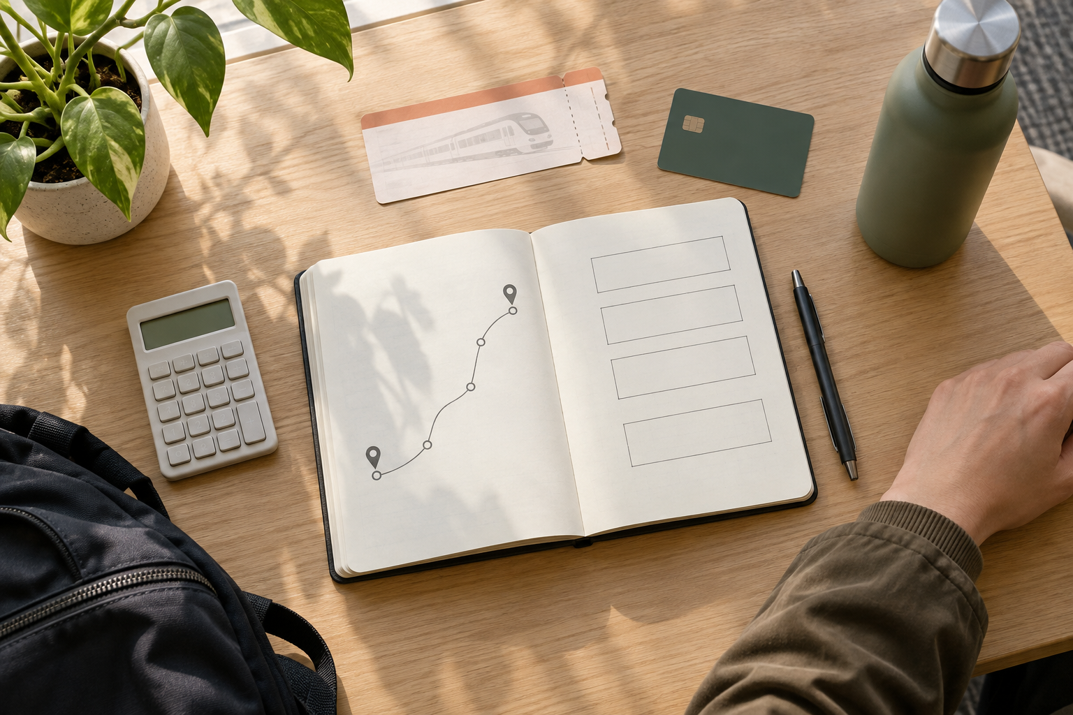 Train ticket, transit card, calculator, and a blank interview travel budget notebook arranged on a bright desk