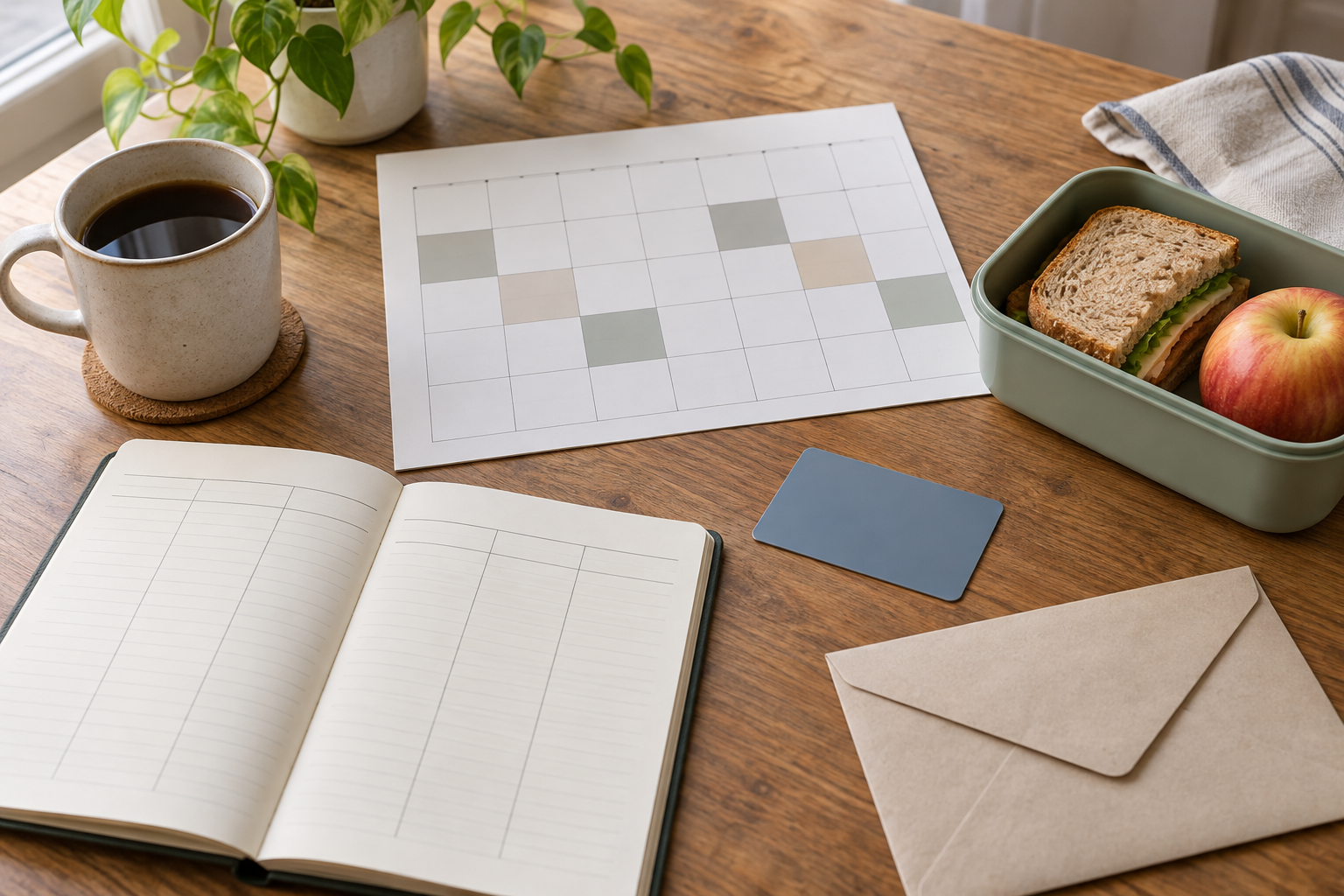 Blank calendar with several days marked, a budget notebook, transit card, packed lunch, and envelope on a wooden table