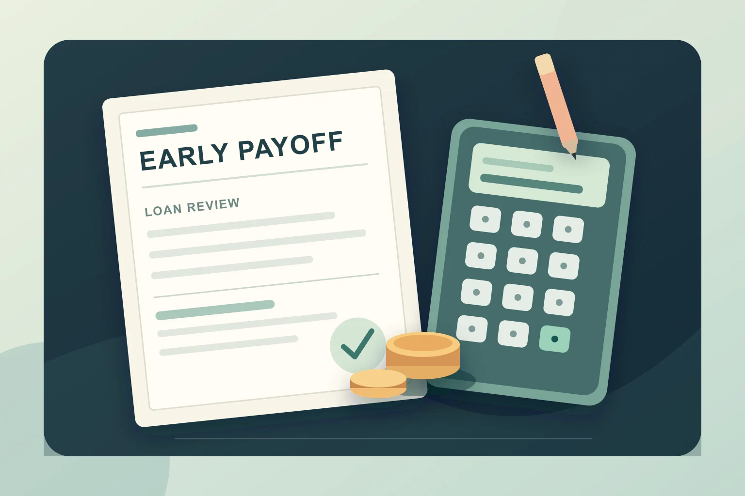 Illustrated early-payoff worksheet, calculator, pencil, and coins on a dark desk