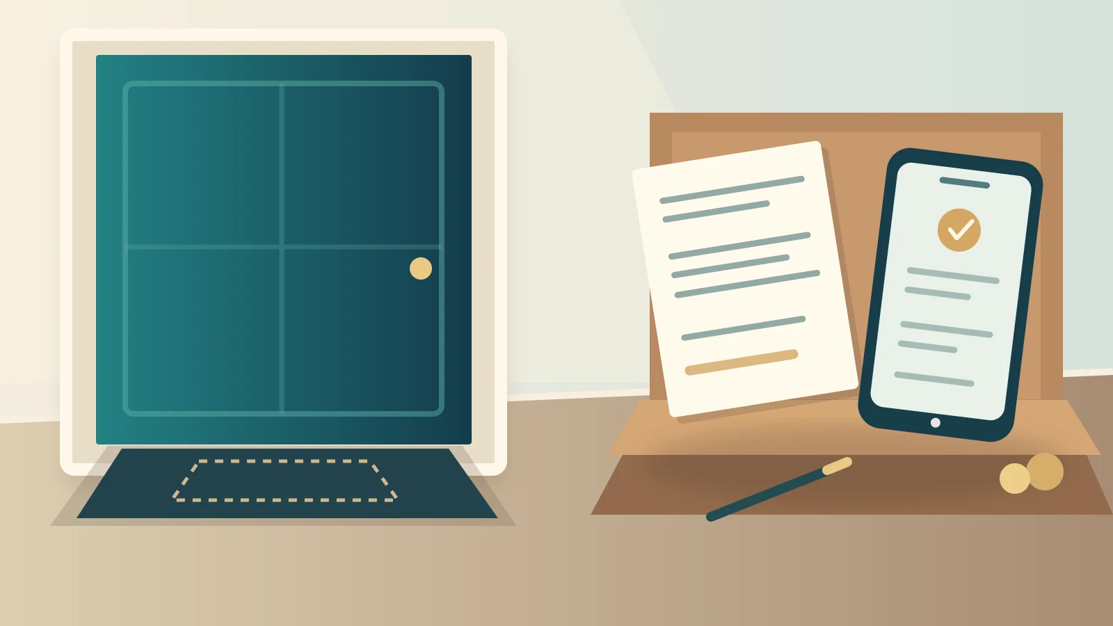 Illustration of an empty apartment doorstep beside an order receipt and a phone with a delivery-status symbol