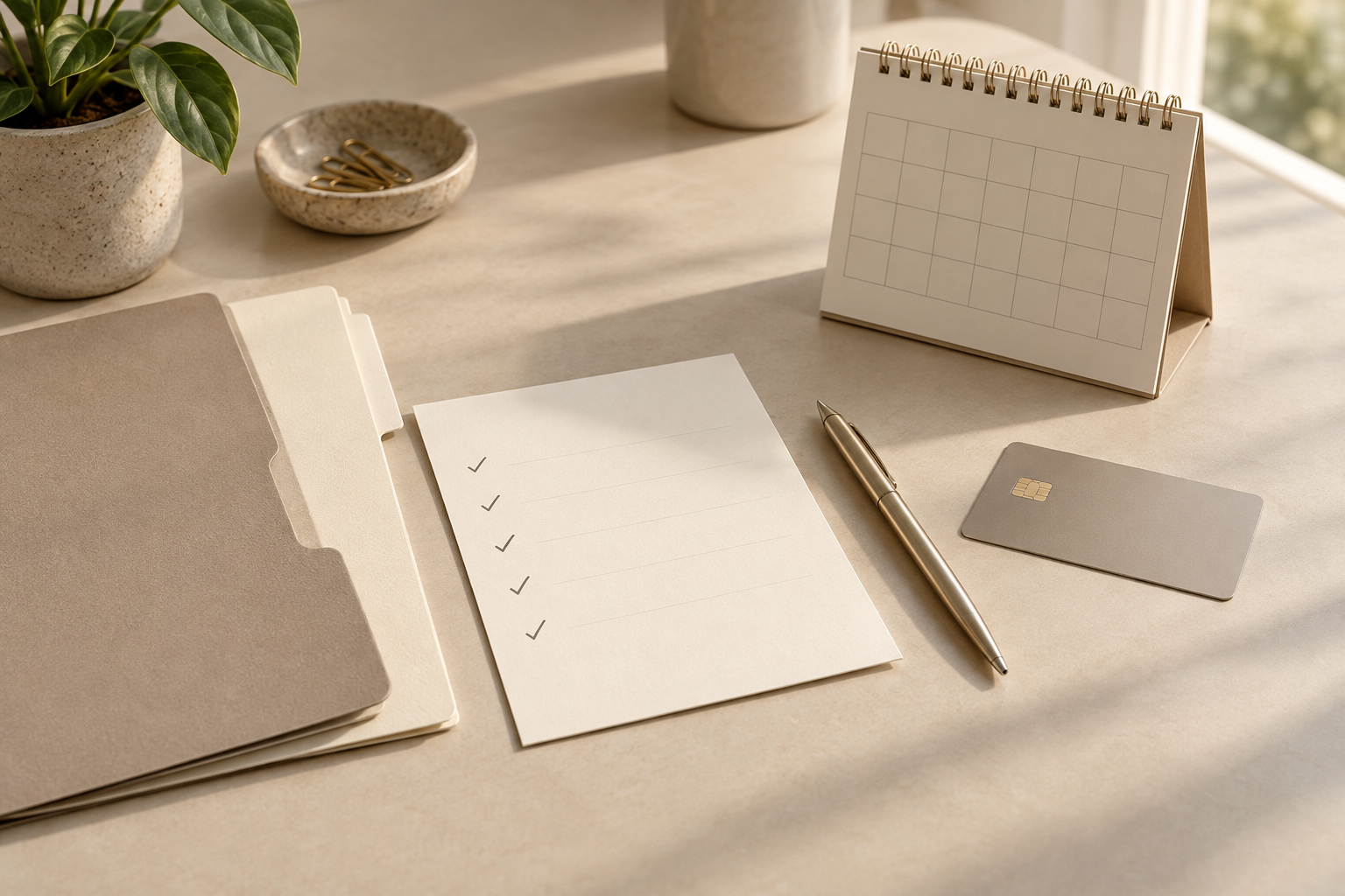 Blank checklist, unbranded bank card, document folders, pen, and desk calendar arranged on a warm tabletop