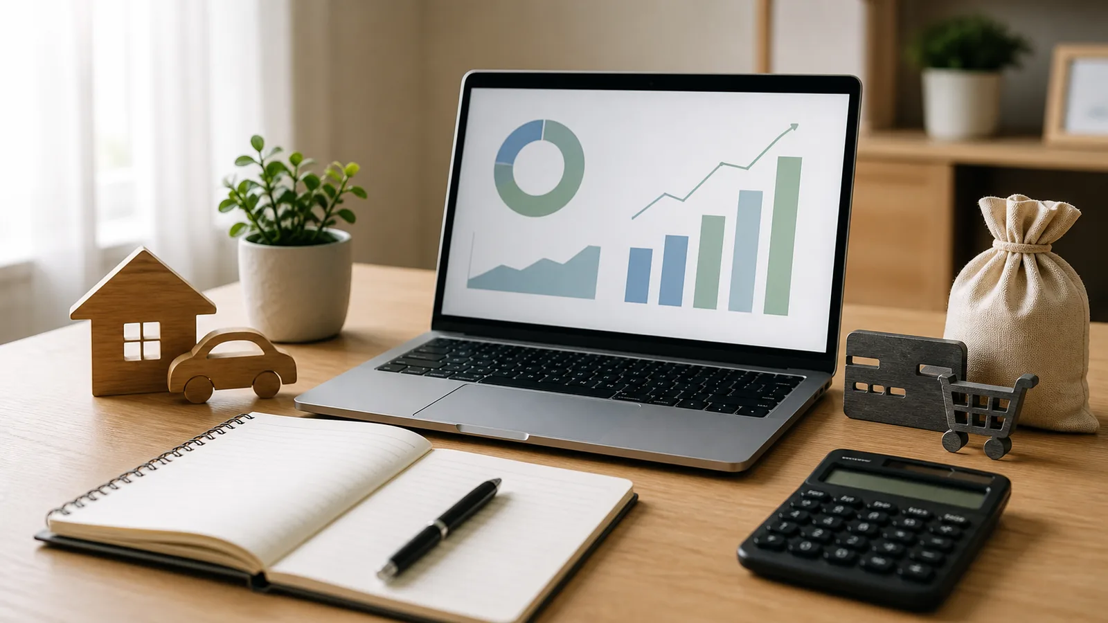 Laptop with simple financial charts beside a notebook, calculator, house model, and savings bag on a desk