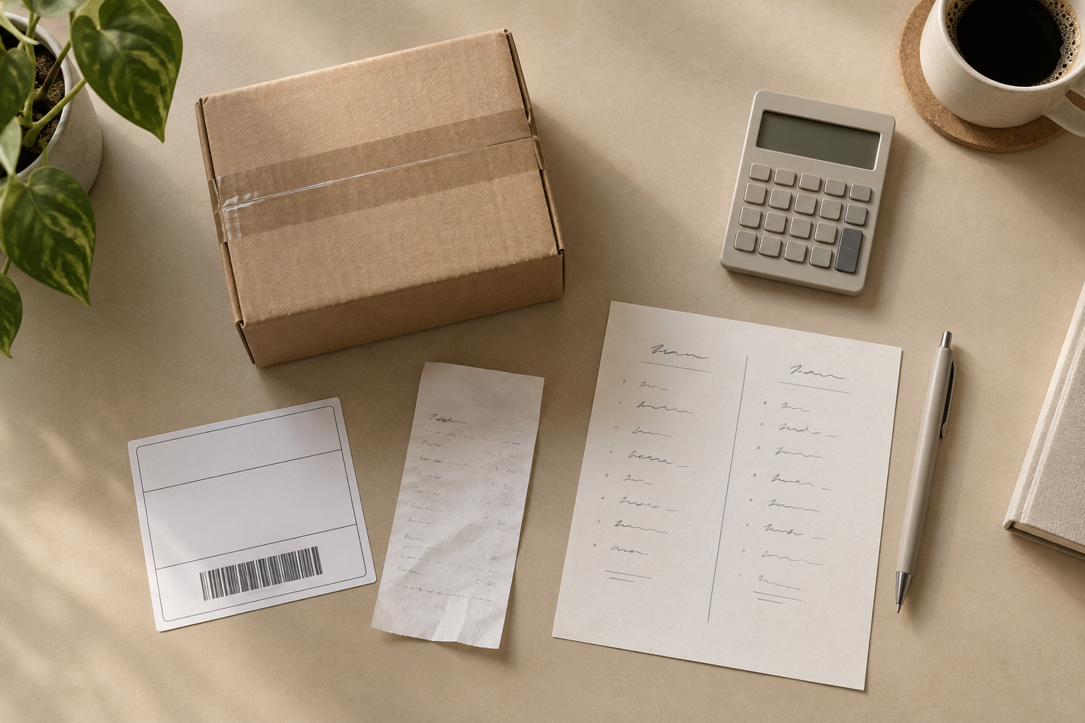 Small parcel, return label, receipt, and handwritten cost comparison on a desk