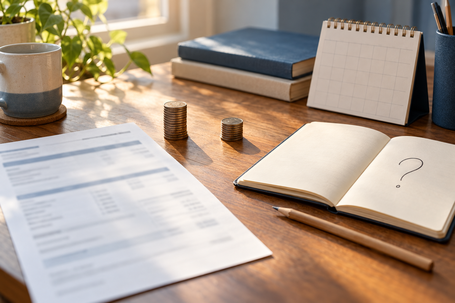 Blurred pay statement beside separated coins, a blank notebook, pencil, and calendar on a sunlit desk