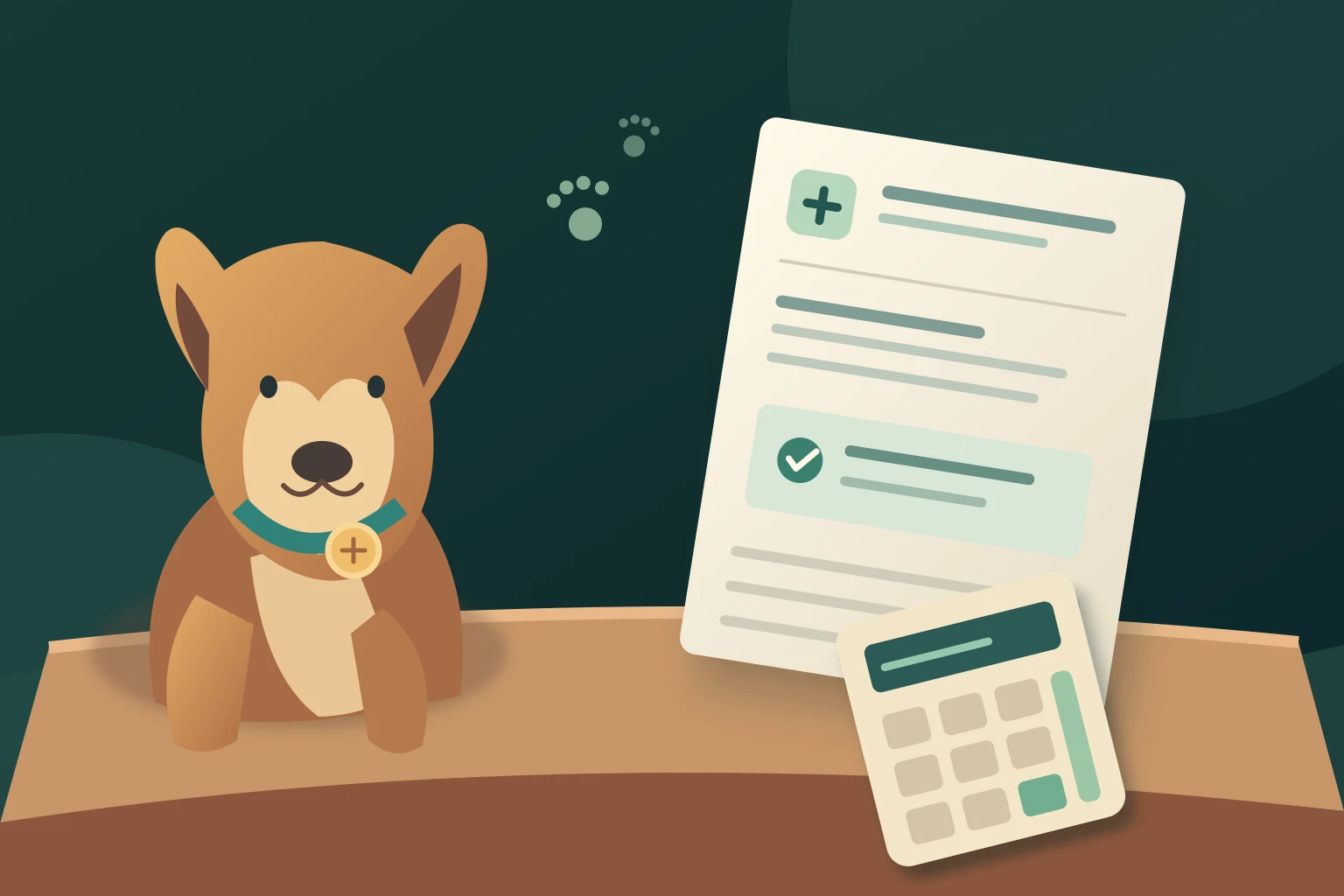 Illustrated brown dog beside a policy document and calculator on a desk