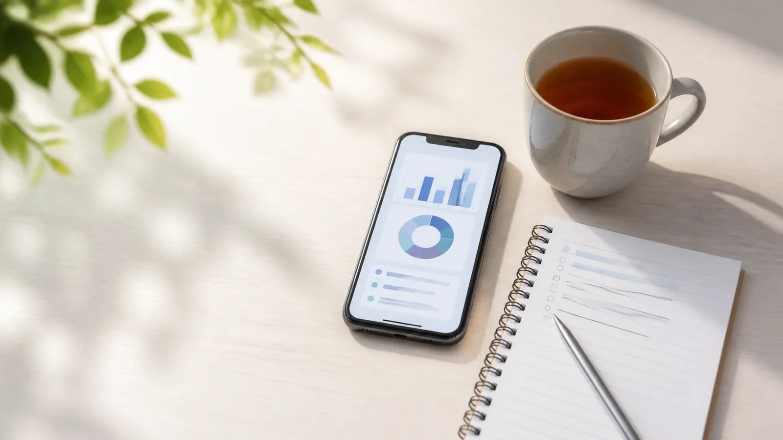 Smartphone with budget charts beside a notebook, pen, and tea on a bright desk