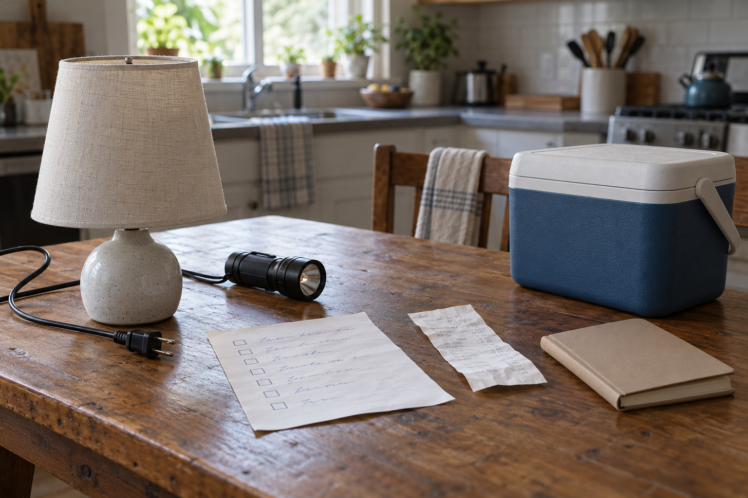 Flashlight, closed cooler, blank expense checklist, and grocery receipt on a kitchen table after a power outage
