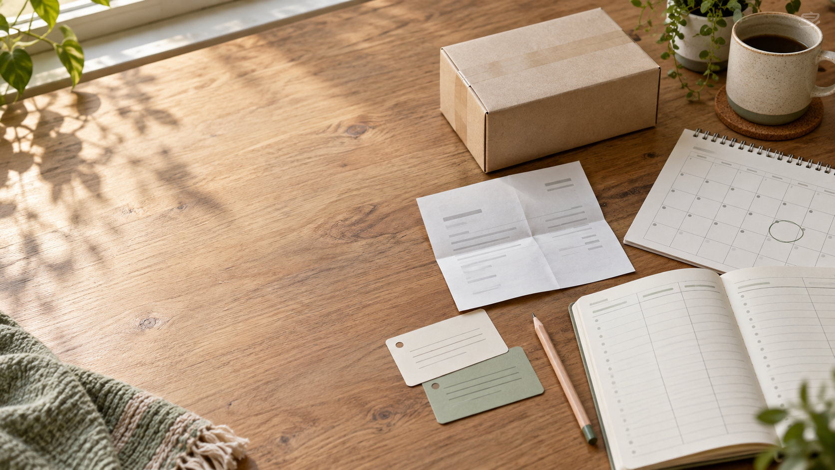 Unbranded parcel mock-up beside a paper calendar, two payment reminder cards, and a small budget notebook on a sunlit desk