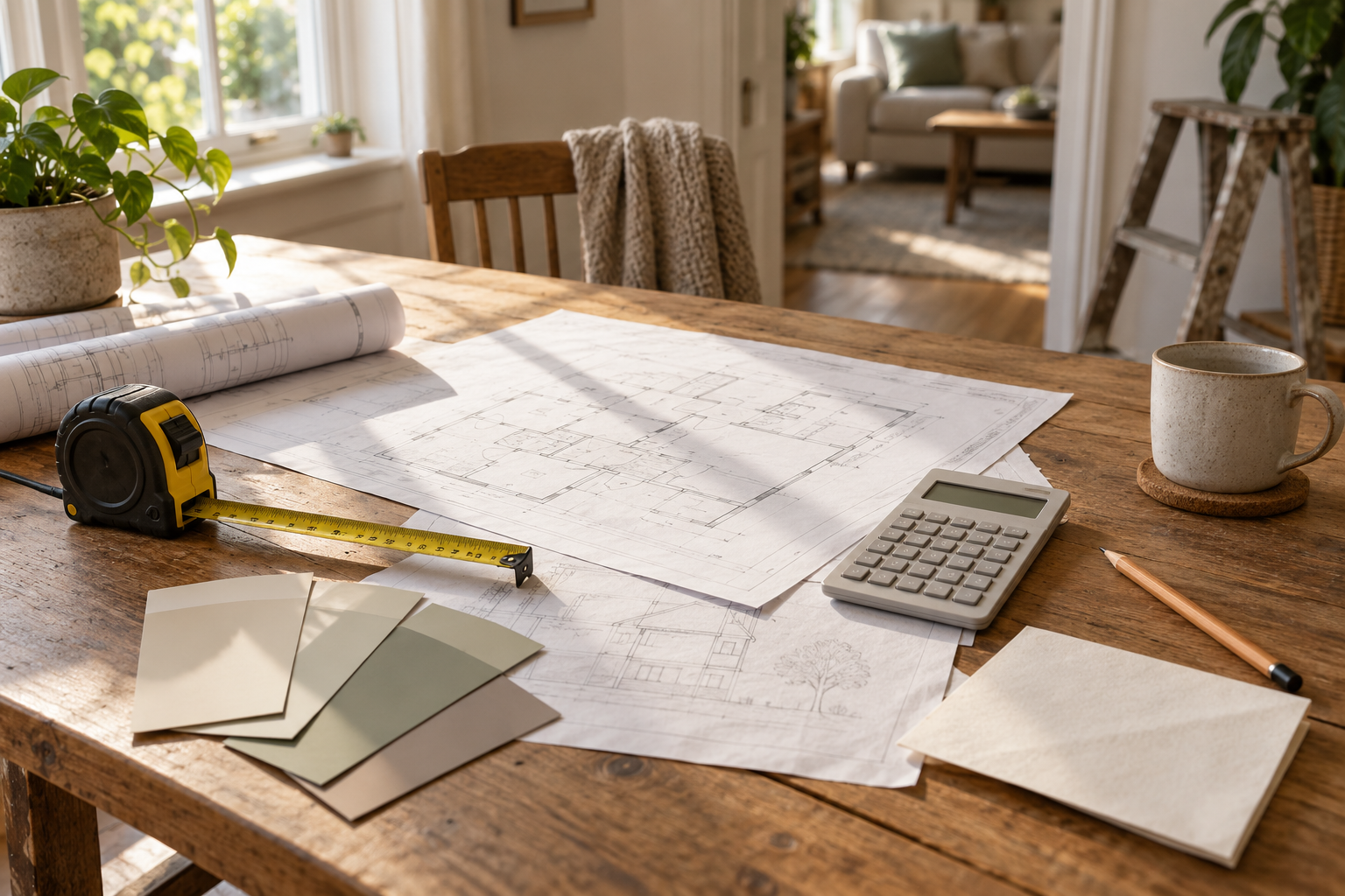 Blank renovation plans, calculator, measuring tape, pencil, and paint swatches on a sunlit worktable