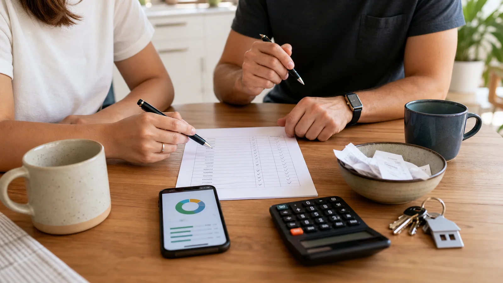 Roommates reviewing a shared household expense checklist with a phone spending tracker, calculator, receipts, mugs, and apartment keys on a kitchen table