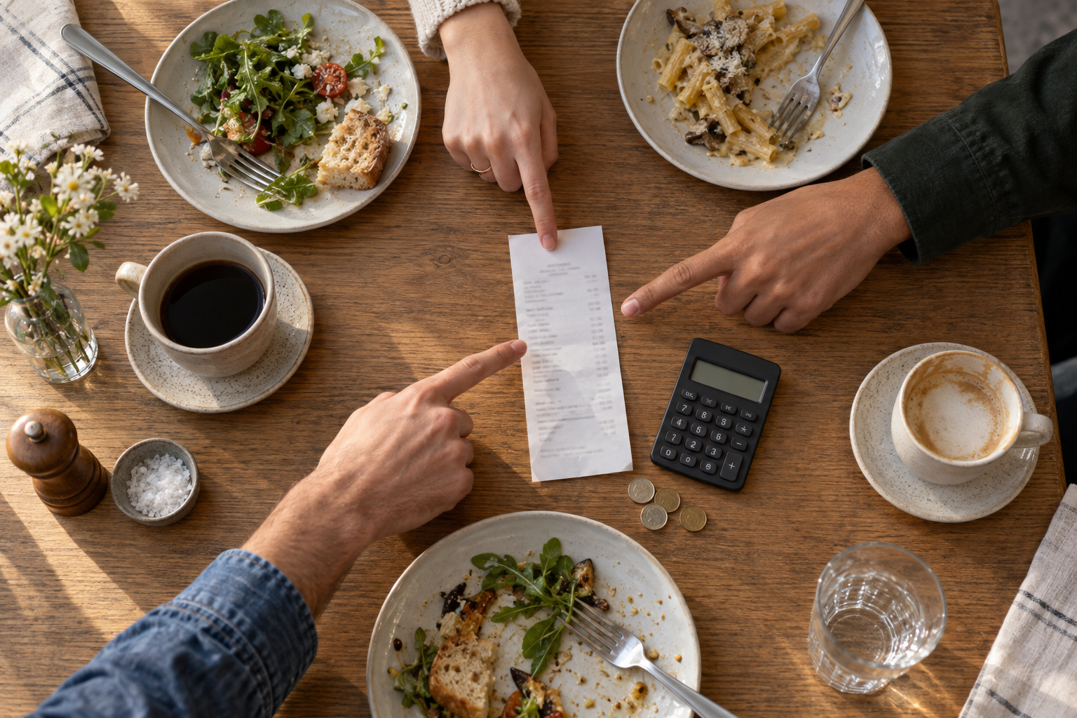 Three diners reviewing an itemized receipt beside plates, a calculator, and coins on a cafe table