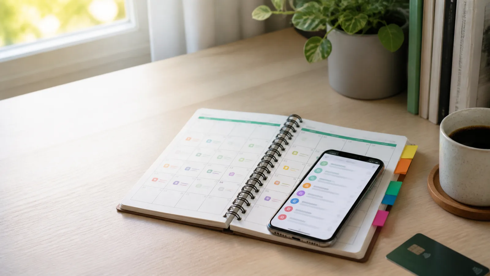 Notebook renewal calendar and smartphone subscription list on a tidy desk
