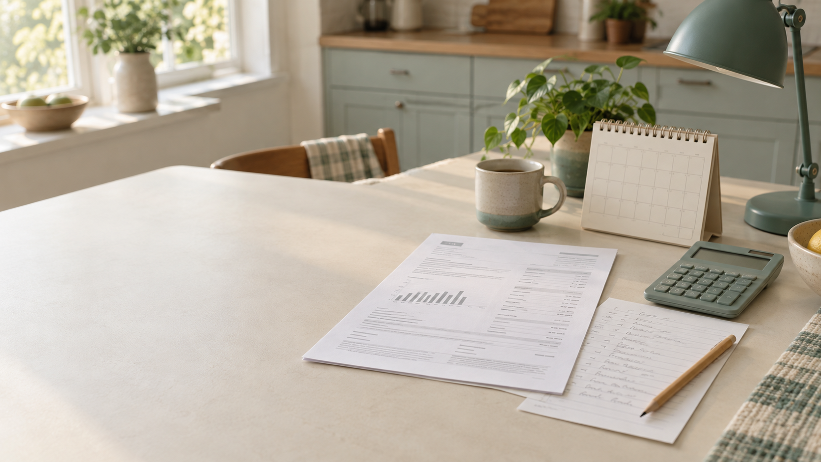 Unbranded utility bill, meter-reading notes, calculator, pencil, calendar, and desk lamp on a kitchen table
