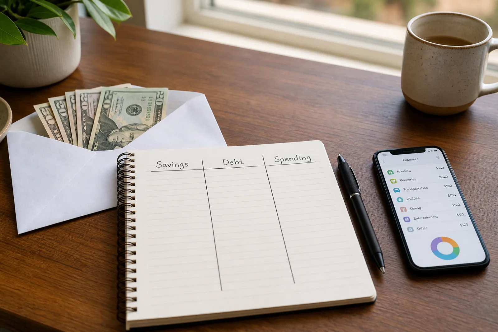 An envelope of extra cash beside a notebook with savings, debt, and spending sections on a desk